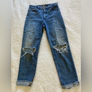 Joe’s Jeans hi-rise straight ankle blue denim jeans with ripped knees, waist 27